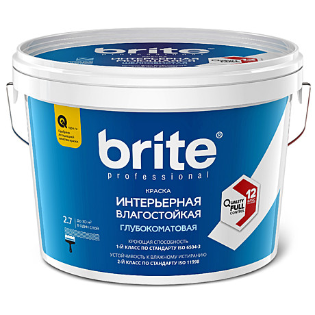 Краска BRITE PROF интерьерная влагостойкая белая глубокомат. база А (2,7л)