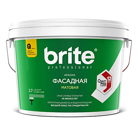 Краска BRITE PROF фасадная белая матовая база А (2,7л)