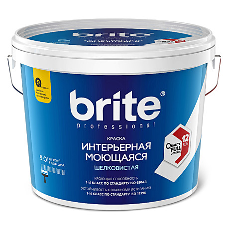 Краска BRITE PROF интерьерная моющаяся белая шелковистая база А (9л)