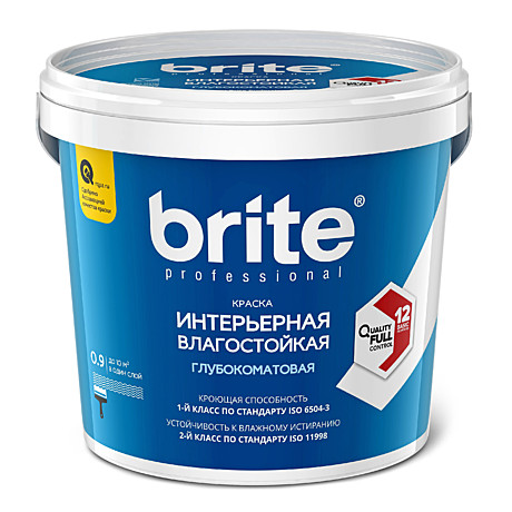 Краска BRITE PROF интерьерная влагостойкая белая глубокомат. база А (0,9л)