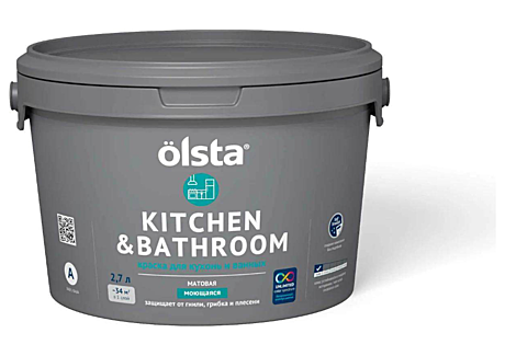 Краска в/э OLSTA KITCHEN&BATHROOM для кухонь и ванных комнат база А (2,7л/3,66кг)